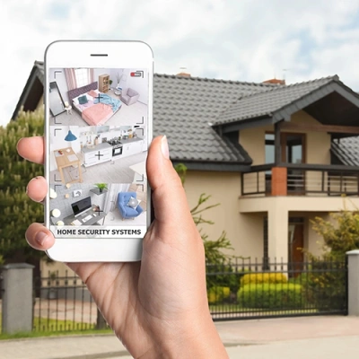 Huntington vivint phone display of cctv live feed in front of a house